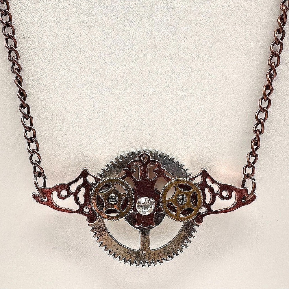 Vintage 80s Industrial Copper Steampunk Statement Necklace Movable Gears Jewelry